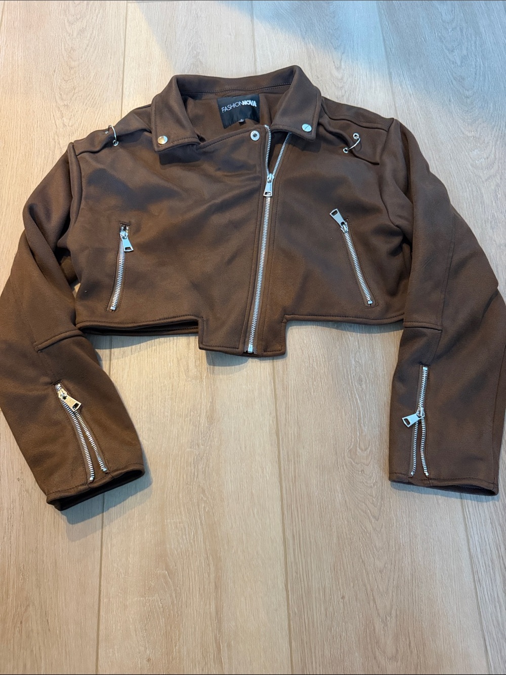 Fashion Nova women’s Chocolate Brown Cropped Moto Jacket